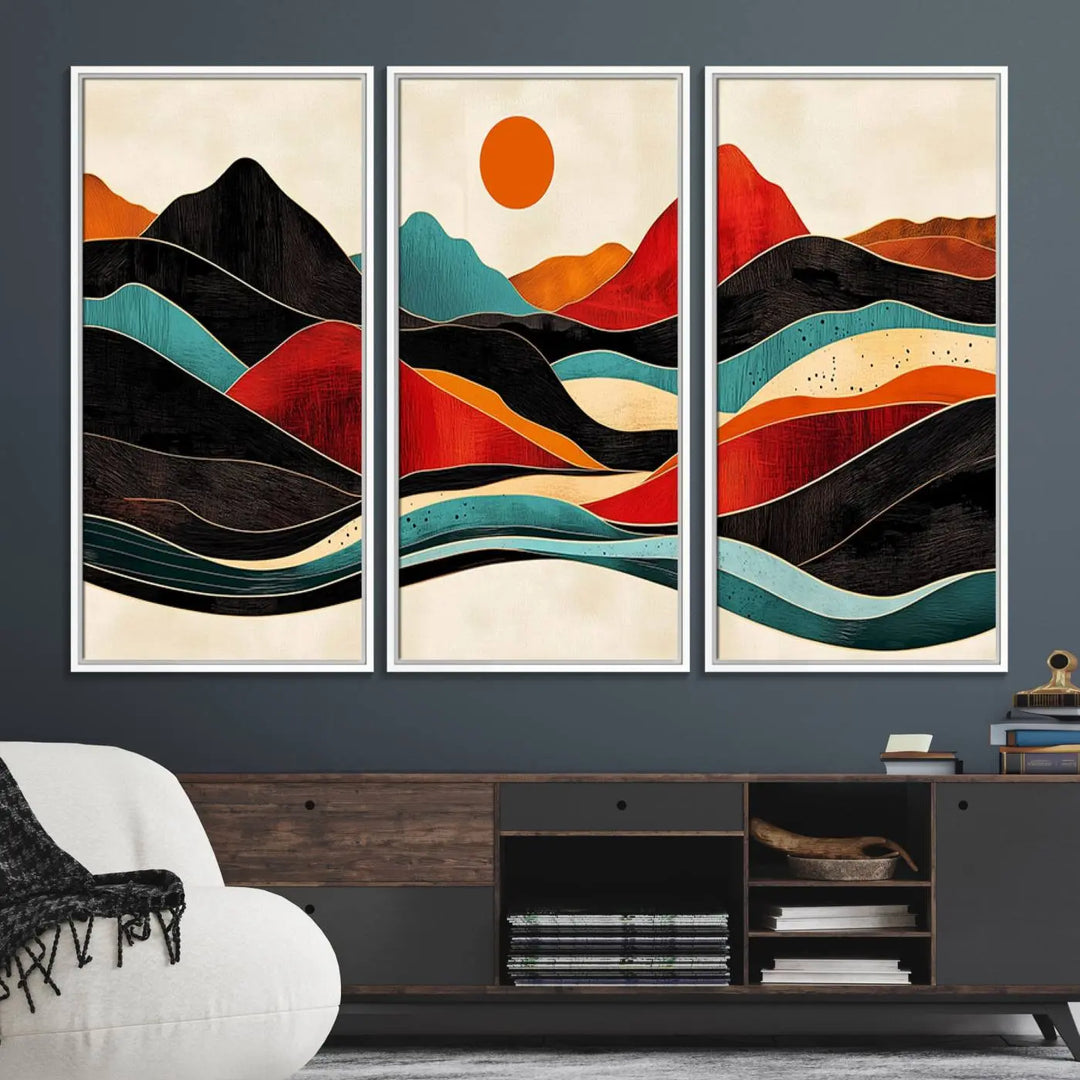 The Western Wall Decor, featuring a large triptych mountain canvas with boho woodland wall art print, beautifully enhances the dining area. Handmade in the USA, these framed Southwest nature prints add vibrancy and sophistication to your culinary space.