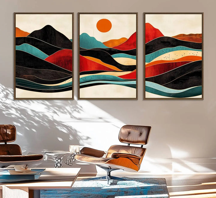 The Western Wall Decor, featuring a large triptych mountain canvas with boho woodland wall art print, beautifully enhances the dining area. Handmade in the USA, these framed Southwest nature prints add vibrancy and sophistication to your culinary space.