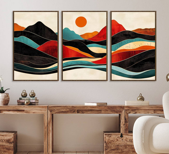 29227-MGV-FC-60X30-3P_Walnut-Western Wall Decor - Large Triptych Mountain Canvas - Boho Woodland Wall Art Print - Framed Southwest Nature Prints for Log Cabin Walls