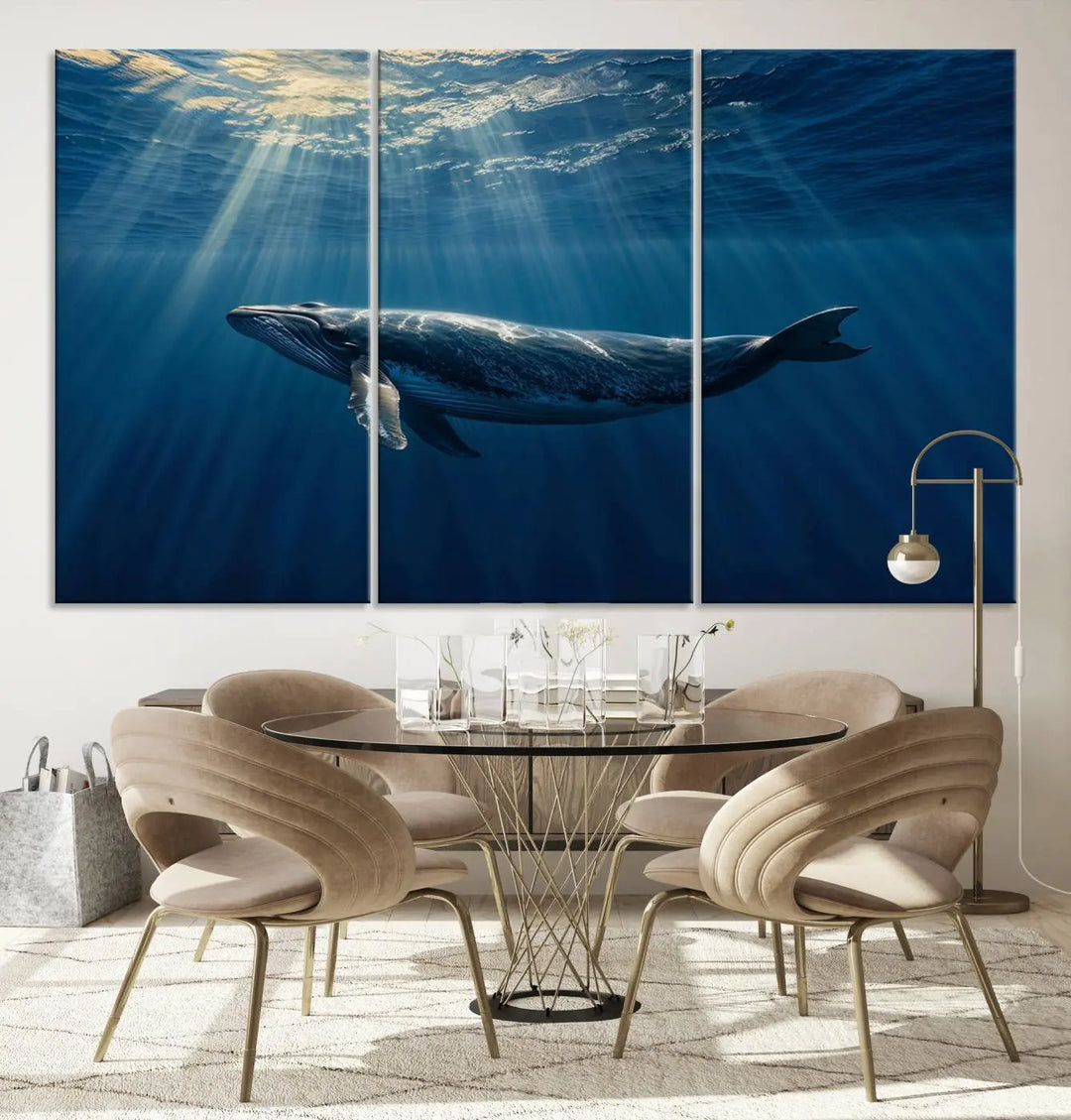 The Whale under Ocean Wall Art Canvas Print adorns the living room wall, capturing a sunlit ocean scene with a gallery-quality finish.