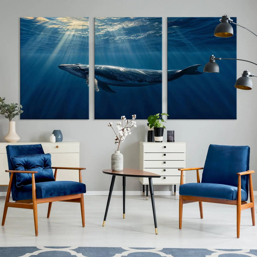 The Whale under Ocean Wall Art Canvas Print adorns the living room wall, capturing a sunlit ocean scene with a gallery-quality finish.