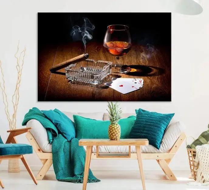 Product Named *Whiskey Cigar Wall Art Canvas Print Kitchen Wall*: Immerse yourself in triptych art depicting a cigar and smoke by an ashtray on a wooden table. This piece is crafted on museum-quality canvas and includes a UV-protective coating to maintain its vibrant appeal.