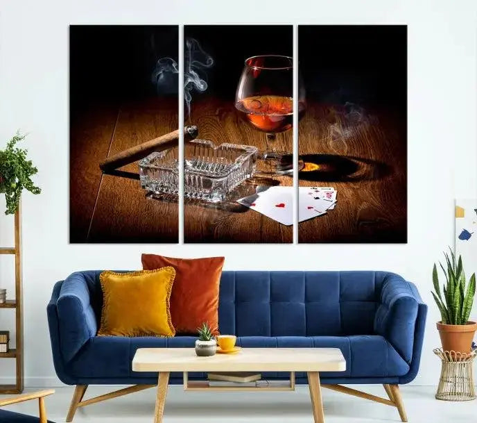 Product Named *Whiskey Cigar Wall Art Canvas Print Kitchen Wall*: Immerse yourself in triptych art depicting a cigar and smoke by an ashtray on a wooden table. This piece is crafted on museum-quality canvas and includes a UV-protective coating to maintain its vibrant appeal.