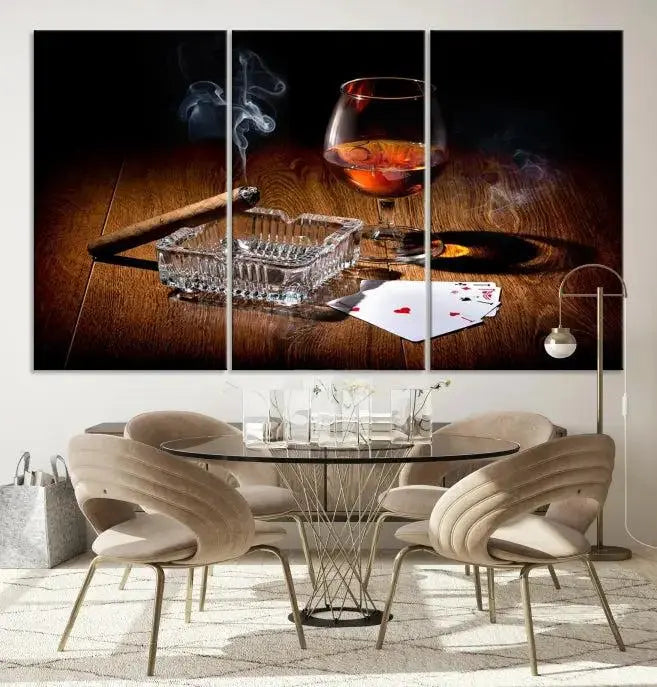 Product Named *Whiskey Cigar Wall Art Canvas Print Kitchen Wall*: Immerse yourself in triptych art depicting a cigar and smoke by an ashtray on a wooden table. This piece is crafted on museum-quality canvas and includes a UV-protective coating to maintain its vibrant appeal.