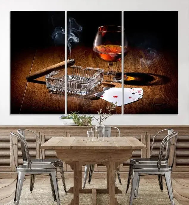 Product Named *Whiskey Cigar Wall Art Canvas Print Kitchen Wall*: Immerse yourself in triptych art depicting a cigar and smoke by an ashtray on a wooden table. This piece is crafted on museum-quality canvas and includes a UV-protective coating to maintain its vibrant appeal.