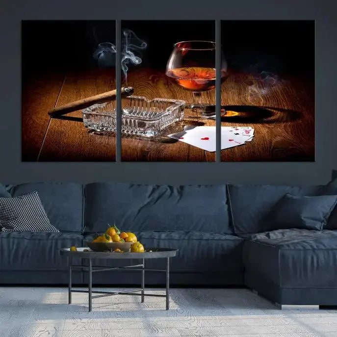 Product Named *Whiskey Cigar Wall Art Canvas Print Kitchen Wall*: Immerse yourself in triptych art depicting a cigar and smoke by an ashtray on a wooden table. This piece is crafted on museum-quality canvas and includes a UV-protective coating to maintain its vibrant appeal.