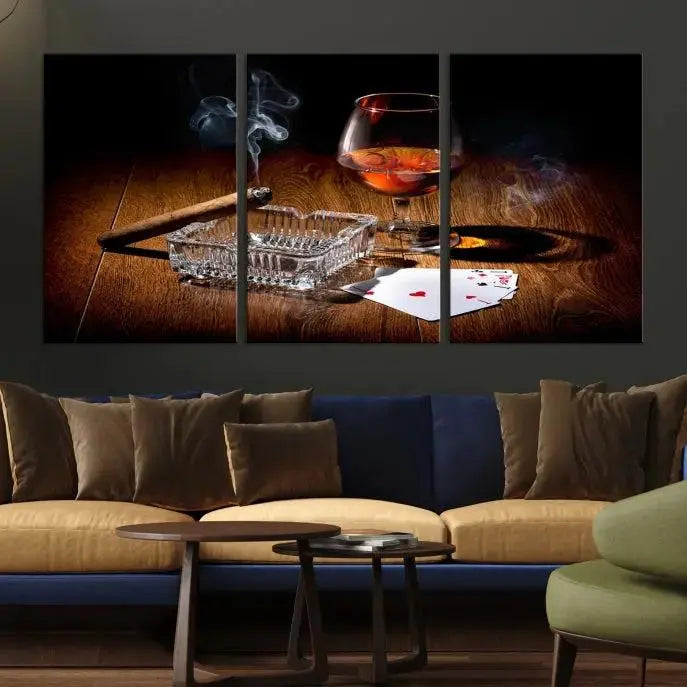 Product Named *Whiskey Cigar Wall Art Canvas Print Kitchen Wall*: Immerse yourself in triptych art depicting a cigar and smoke by an ashtray on a wooden table. This piece is crafted on museum-quality canvas and includes a UV-protective coating to maintain its vibrant appeal.