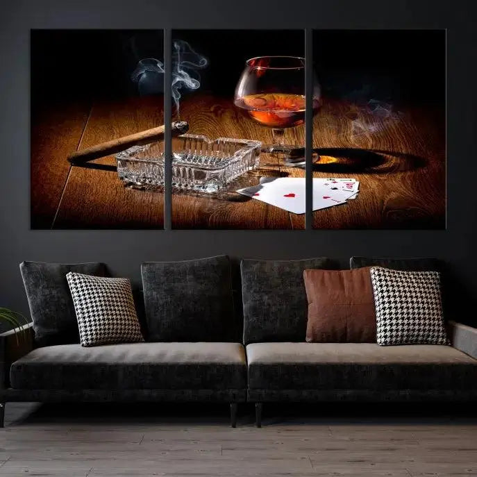 Product Named *Whiskey Cigar Wall Art Canvas Print Kitchen Wall*: Immerse yourself in triptych art depicting a cigar and smoke by an ashtray on a wooden table. This piece is crafted on museum-quality canvas and includes a UV-protective coating to maintain its vibrant appeal.