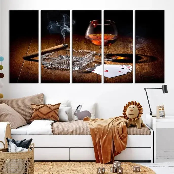 Product Named *Whiskey Cigar Wall Art Canvas Print Kitchen Wall*: Immerse yourself in triptych art depicting a cigar and smoke by an ashtray on a wooden table. This piece is crafted on museum-quality canvas and includes a UV-protective coating to maintain its vibrant appeal.