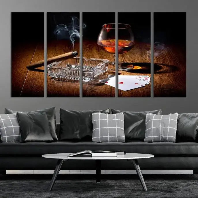 Product Named *Whiskey Cigar Wall Art Canvas Print Kitchen Wall*: Immerse yourself in triptych art depicting a cigar and smoke by an ashtray on a wooden table. This piece is crafted on museum-quality canvas and includes a UV-protective coating to maintain its vibrant appeal.