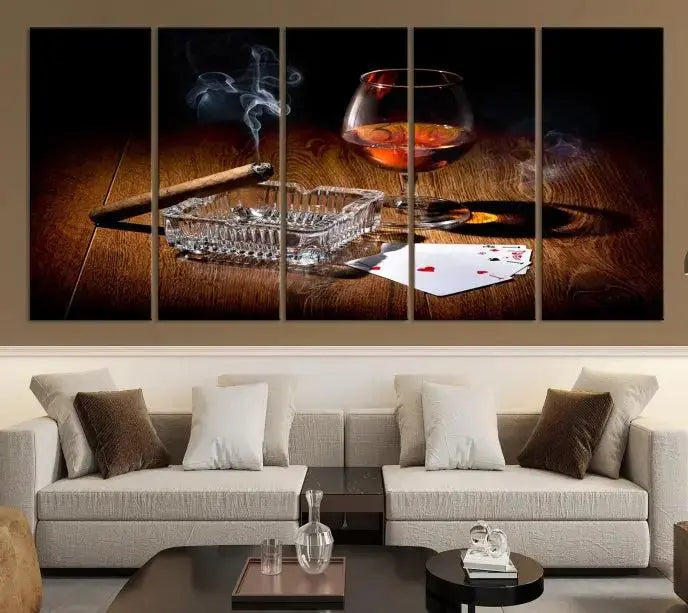 Product Named *Whiskey Cigar Wall Art Canvas Print Kitchen Wall*: Immerse yourself in triptych art depicting a cigar and smoke by an ashtray on a wooden table. This piece is crafted on museum-quality canvas and includes a UV-protective coating to maintain its vibrant appeal.