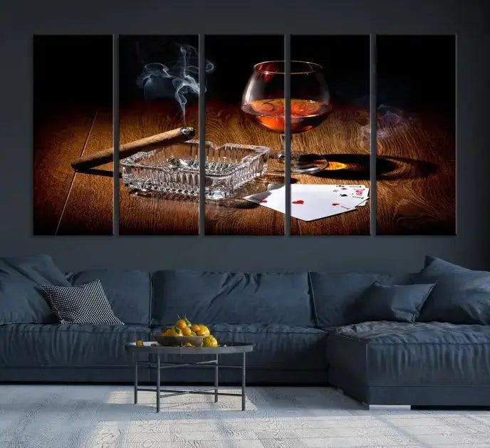 Product Named *Whiskey Cigar Wall Art Canvas Print Kitchen Wall*: Immerse yourself in triptych art depicting a cigar and smoke by an ashtray on a wooden table. This piece is crafted on museum-quality canvas and includes a UV-protective coating to maintain its vibrant appeal.