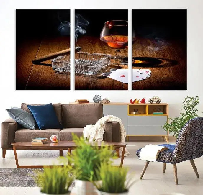 Product Named *Whiskey Cigar Wall Art Canvas Print Kitchen Wall*: Immerse yourself in triptych art depicting a cigar and smoke by an ashtray on a wooden table. This piece is crafted on museum-quality canvas and includes a UV-protective coating to maintain its vibrant appeal.