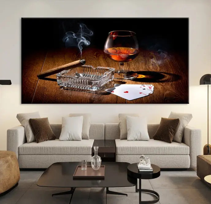 Product Named *Whiskey Cigar Wall Art Canvas Print Kitchen Wall*: Immerse yourself in triptych art depicting a cigar and smoke by an ashtray on a wooden table. This piece is crafted on museum-quality canvas and includes a UV-protective coating to maintain its vibrant appeal.