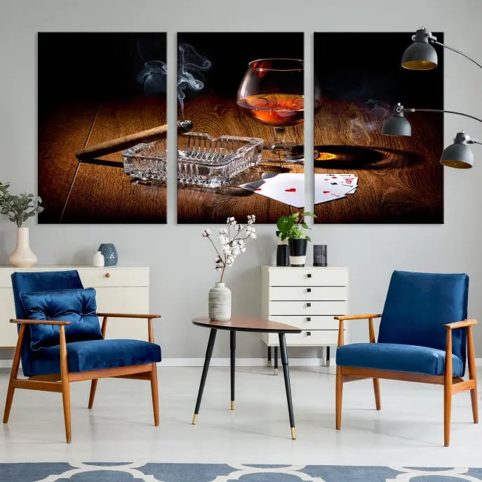 Product Named *Whiskey Cigar Wall Art Canvas Print Kitchen Wall*: Immerse yourself in triptych art depicting a cigar and smoke by an ashtray on a wooden table. This piece is crafted on museum-quality canvas and includes a UV-protective coating to maintain its vibrant appeal.