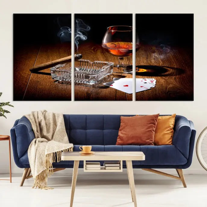 Product Named *Whiskey Cigar Wall Art Canvas Print Kitchen Wall*: Immerse yourself in triptych art depicting a cigar and smoke by an ashtray on a wooden table. This piece is crafted on museum-quality canvas and includes a UV-protective coating to maintain its vibrant appeal.