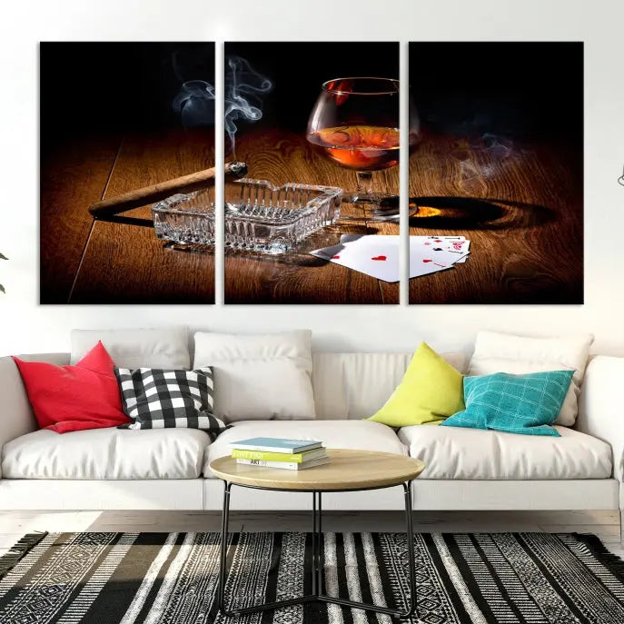 Product Named *Whiskey Cigar Wall Art Canvas Print Kitchen Wall*: Immerse yourself in triptych art depicting a cigar and smoke by an ashtray on a wooden table. This piece is crafted on museum-quality canvas and includes a UV-protective coating to maintain its vibrant appeal.