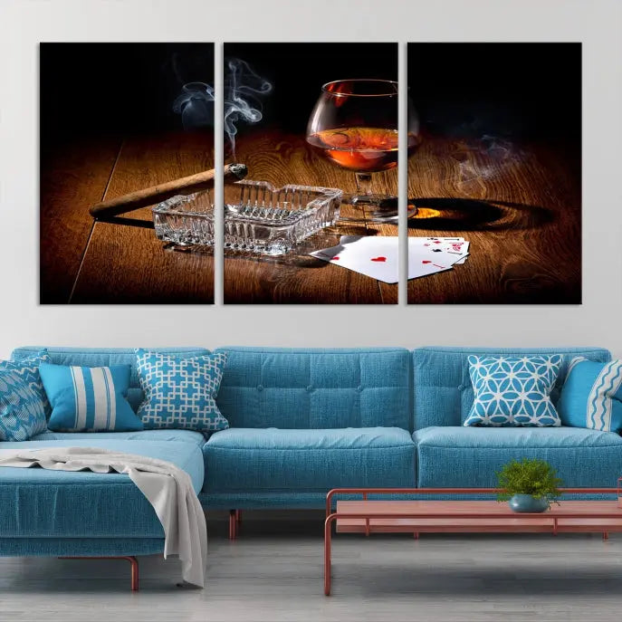 Product Named *Whiskey Cigar Wall Art Canvas Print Kitchen Wall*: Immerse yourself in triptych art depicting a cigar and smoke by an ashtray on a wooden table. This piece is crafted on museum-quality canvas and includes a UV-protective coating to maintain its vibrant appeal.