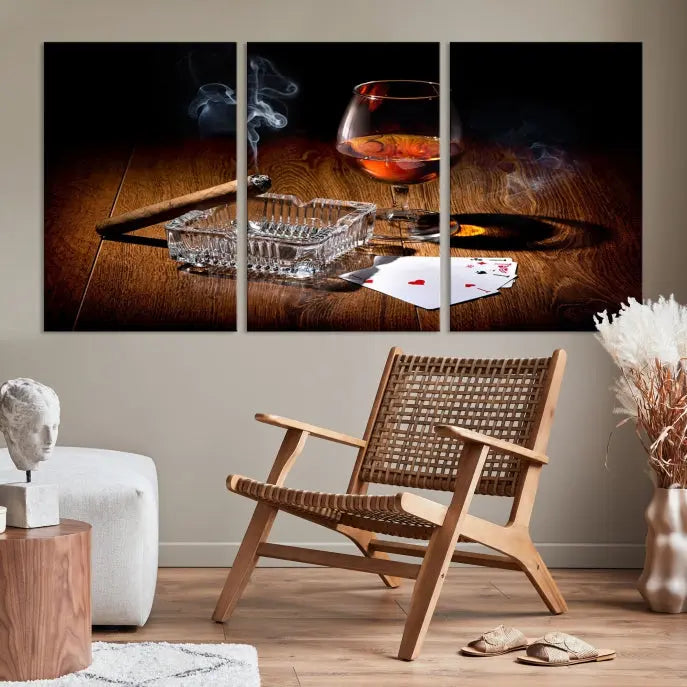 Product Named *Whiskey Cigar Wall Art Canvas Print Kitchen Wall*: Immerse yourself in triptych art depicting a cigar and smoke by an ashtray on a wooden table. This piece is crafted on museum-quality canvas and includes a UV-protective coating to maintain its vibrant appeal.