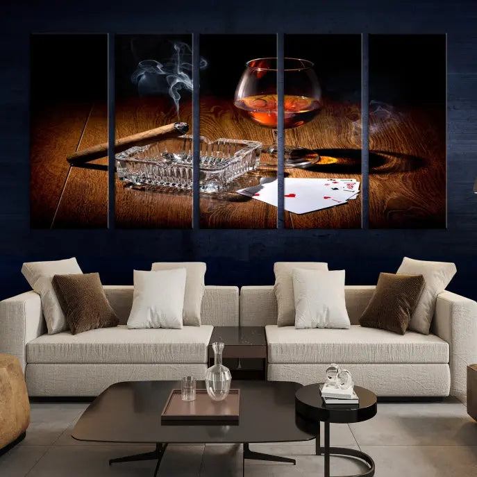 Product Named *Whiskey Cigar Wall Art Canvas Print Kitchen Wall*: Immerse yourself in triptych art depicting a cigar and smoke by an ashtray on a wooden table. This piece is crafted on museum-quality canvas and includes a UV-protective coating to maintain its vibrant appeal.