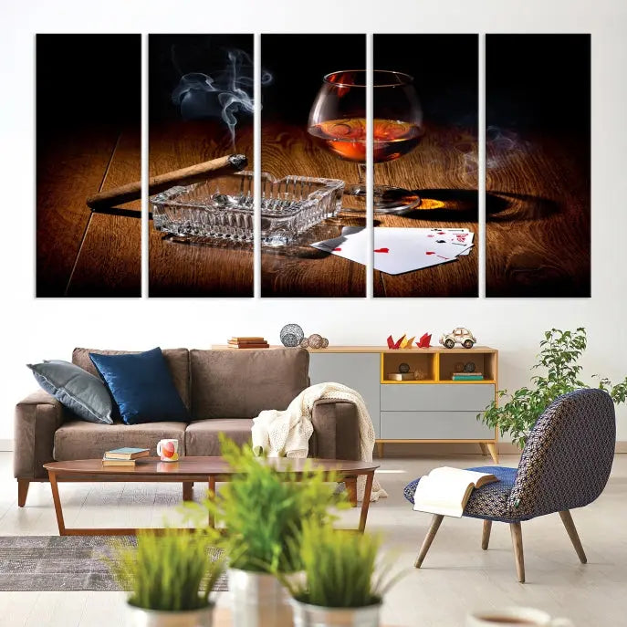 Product Named *Whiskey Cigar Wall Art Canvas Print Kitchen Wall*: Immerse yourself in triptych art depicting a cigar and smoke by an ashtray on a wooden table. This piece is crafted on museum-quality canvas and includes a UV-protective coating to maintain its vibrant appeal.