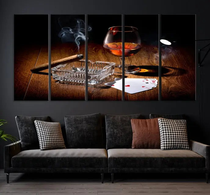 Product Named *Whiskey Cigar Wall Art Canvas Print Kitchen Wall*: Immerse yourself in triptych art depicting a cigar and smoke by an ashtray on a wooden table. This piece is crafted on museum-quality canvas and includes a UV-protective coating to maintain its vibrant appeal.