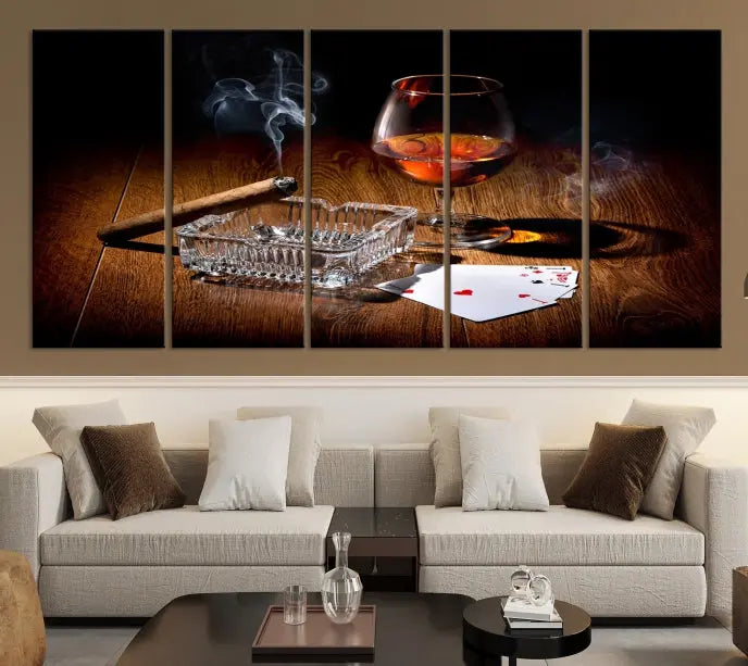 Product Named *Whiskey Cigar Wall Art Canvas Print Kitchen Wall*: Immerse yourself in triptych art depicting a cigar and smoke by an ashtray on a wooden table. This piece is crafted on museum-quality canvas and includes a UV-protective coating to maintain its vibrant appeal.