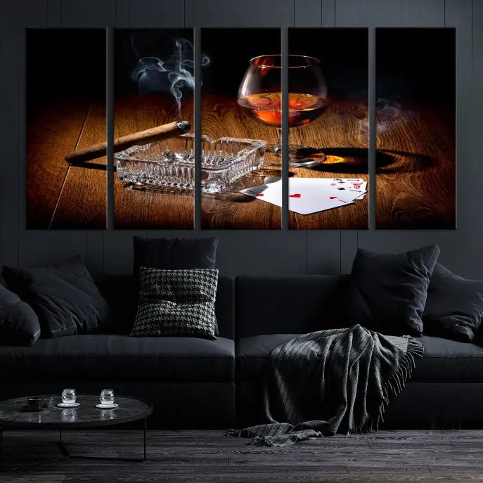 Product Named *Whiskey Cigar Wall Art Canvas Print Kitchen Wall*: Immerse yourself in triptych art depicting a cigar and smoke by an ashtray on a wooden table. This piece is crafted on museum-quality canvas and includes a UV-protective coating to maintain its vibrant appeal.