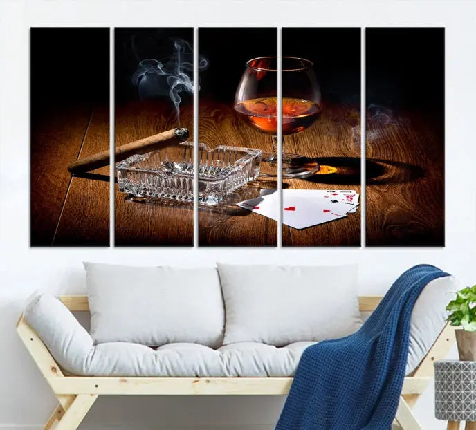 Product Named *Whiskey Cigar Wall Art Canvas Print Kitchen Wall*: Immerse yourself in triptych art depicting a cigar and smoke by an ashtray on a wooden table. This piece is crafted on museum-quality canvas and includes a UV-protective coating to maintain its vibrant appeal.