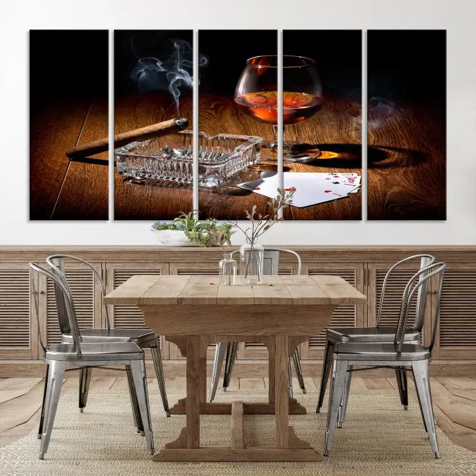 Product Named *Whiskey Cigar Wall Art Canvas Print Kitchen Wall*: Immerse yourself in triptych art depicting a cigar and smoke by an ashtray on a wooden table. This piece is crafted on museum-quality canvas and includes a UV-protective coating to maintain its vibrant appeal.