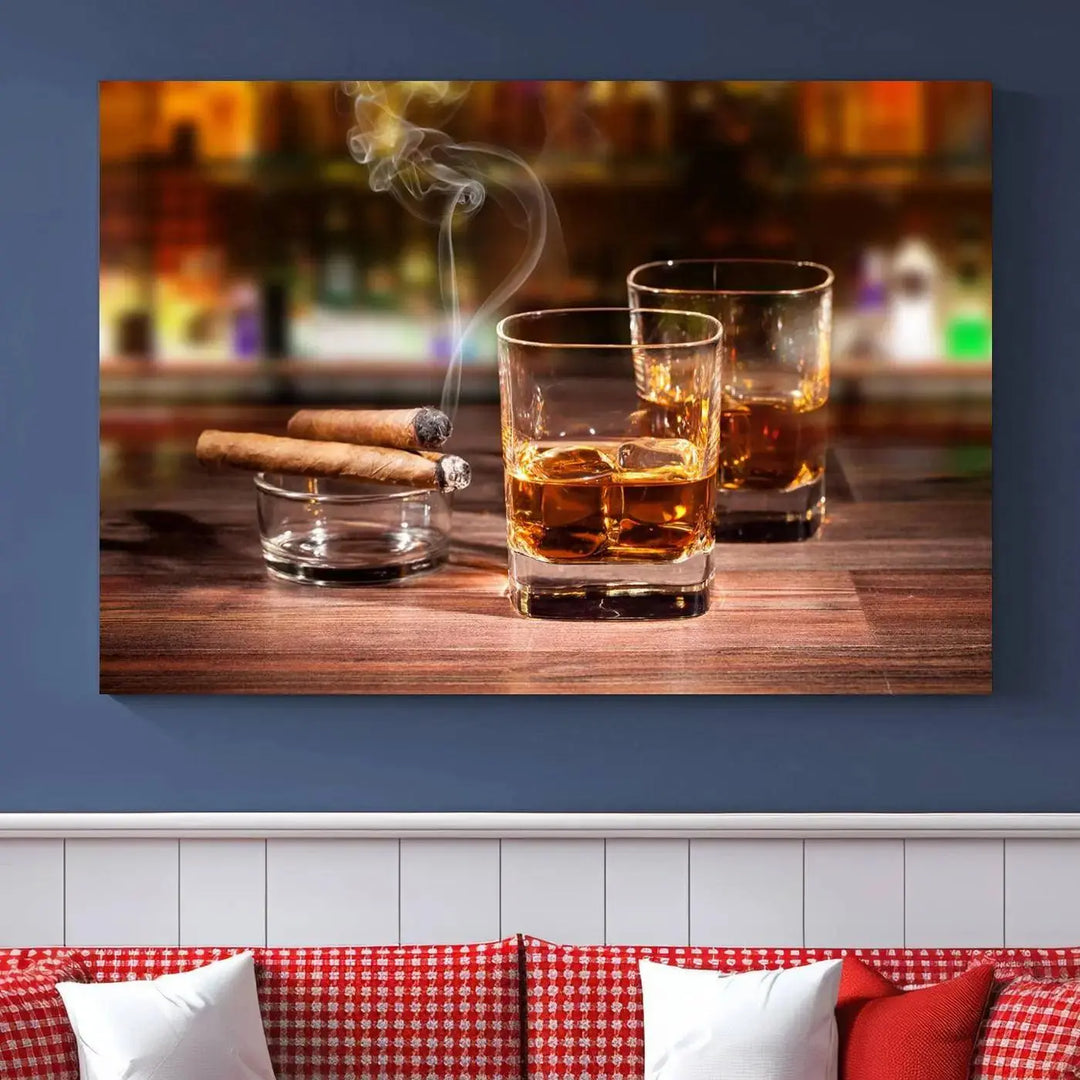 The Whiskey Cuban Cigars Canvas Print is a triptych wall art set that showcases two cigars and whiskey glasses on a wooden table. It is printed on museum-quality canvases with a UV-protective coating, designed for easy hanging.