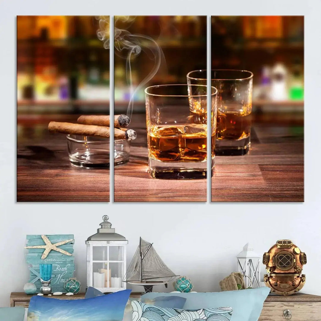 The Whiskey Cuban Cigars Canvas Print is a triptych wall art set that showcases two cigars and whiskey glasses on a wooden table. It is printed on museum-quality canvases with a UV-protective coating, designed for easy hanging.