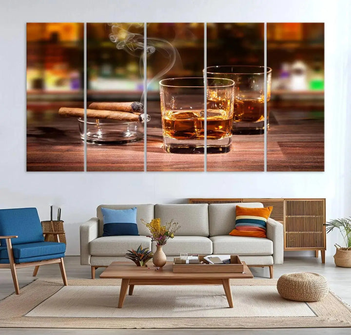 The Whiskey Cuban Cigars Canvas Print is a triptych wall art set that showcases two cigars and whiskey glasses on a wooden table. It is printed on museum-quality canvases with a UV-protective coating, designed for easy hanging.