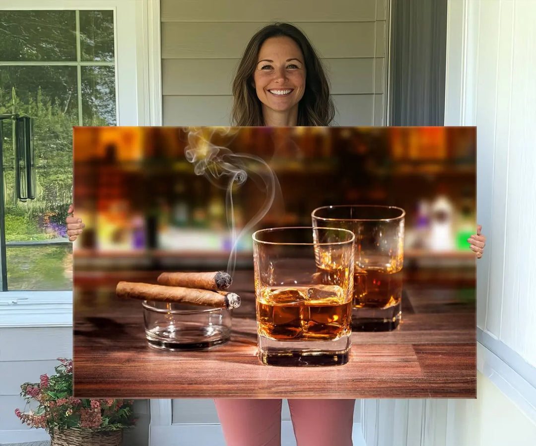 The wall art features the Whiskey Cuban Cigars Canvas Print.