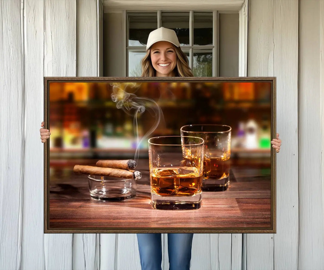 The wall art features the Whiskey Cuban Cigars Canvas Print.