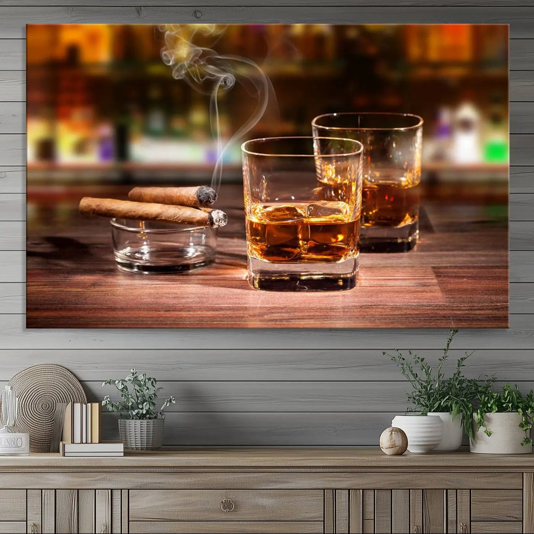 The wall art features the Whiskey Cuban Cigars Canvas Print.