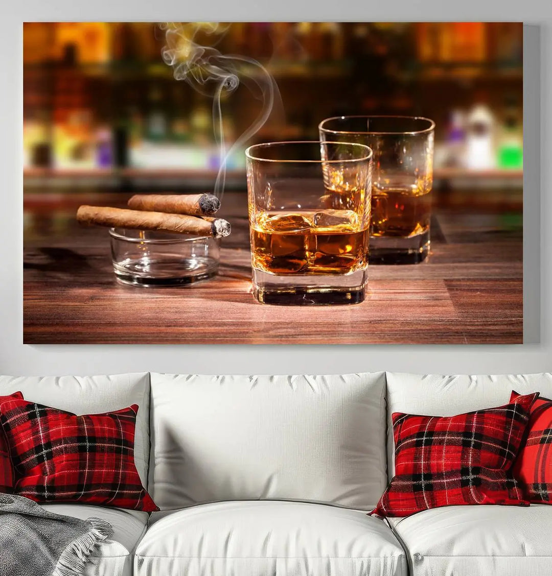 The wall art features the Whiskey Cuban Cigars Canvas Print.