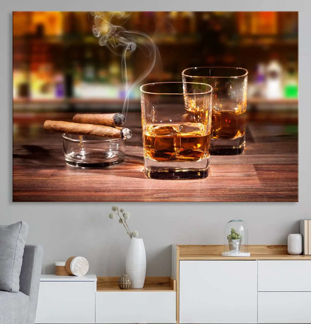 The wall art features the Whiskey Cuban Cigars Canvas Print.