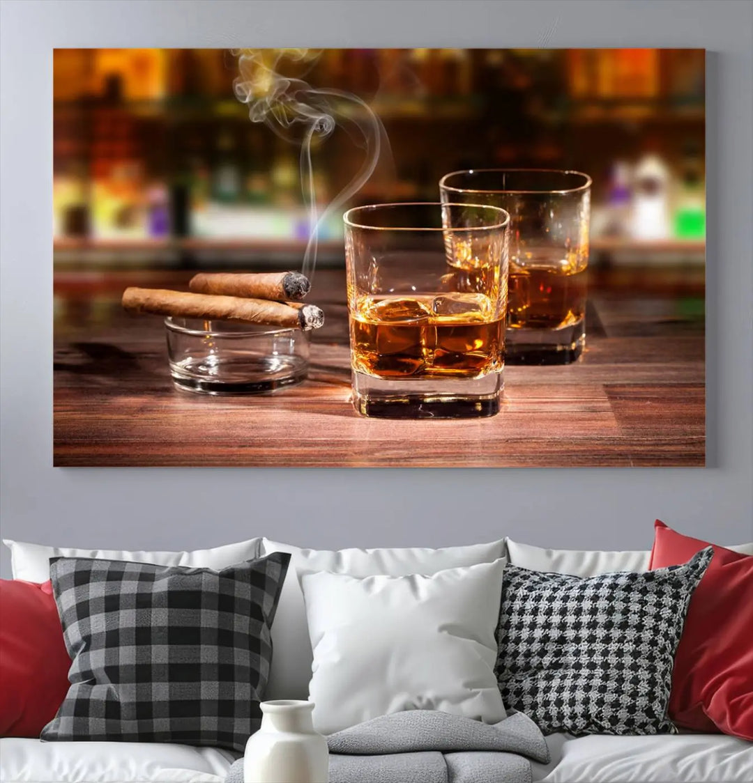 The wall art features the Whiskey Cuban Cigars Canvas Print.