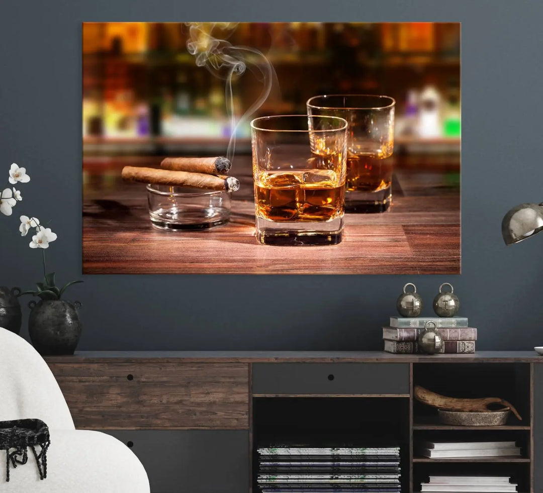 The wall art features the Whiskey Cuban Cigars Canvas Print.