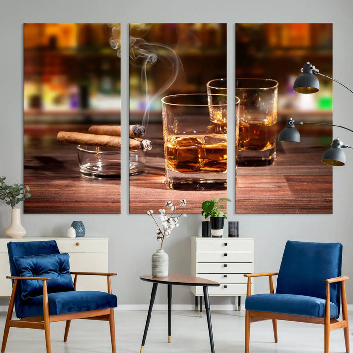 The wall art features the Whiskey Cuban Cigars Canvas Print.