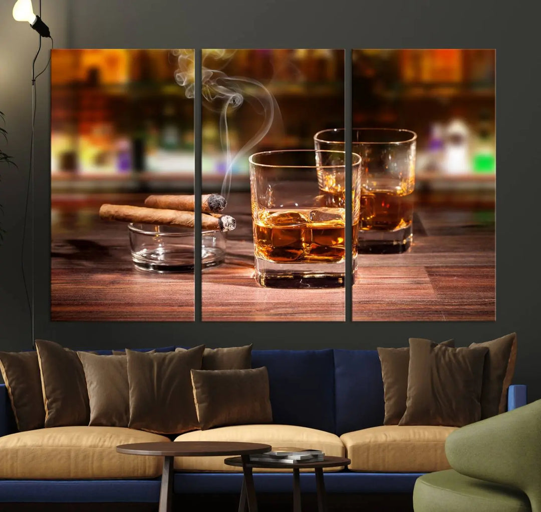 The wall art features the Whiskey Cuban Cigars Canvas Print.