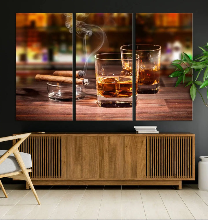 The wall art features the Whiskey Cuban Cigars Canvas Print.