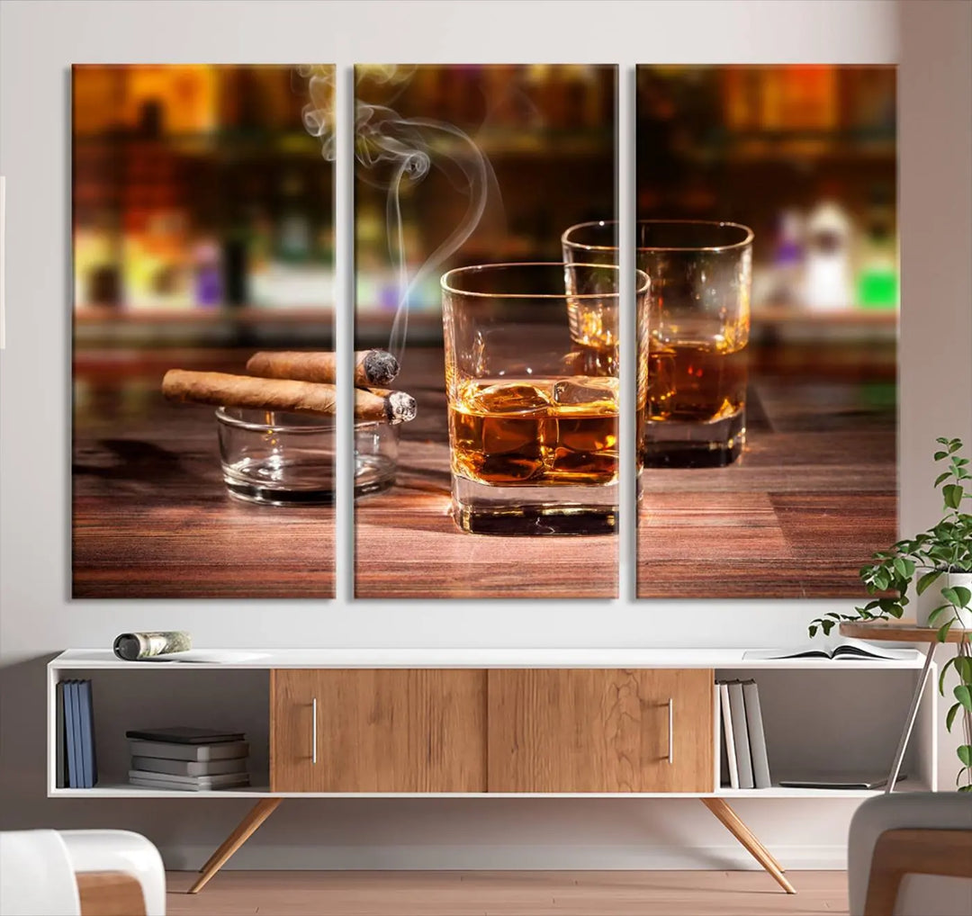 The wall art features the Whiskey Cuban Cigars Canvas Print.