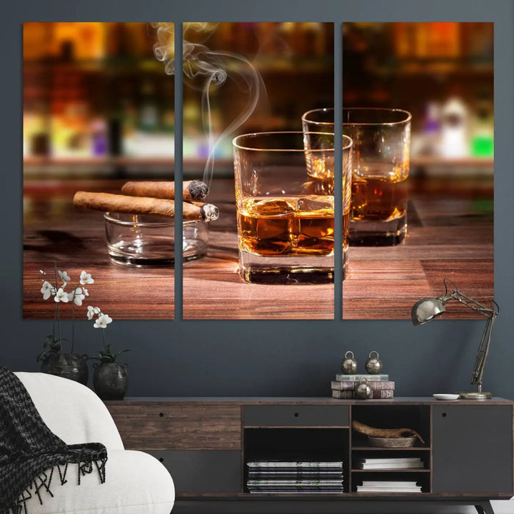 The wall art features the Whiskey Cuban Cigars Canvas Print.