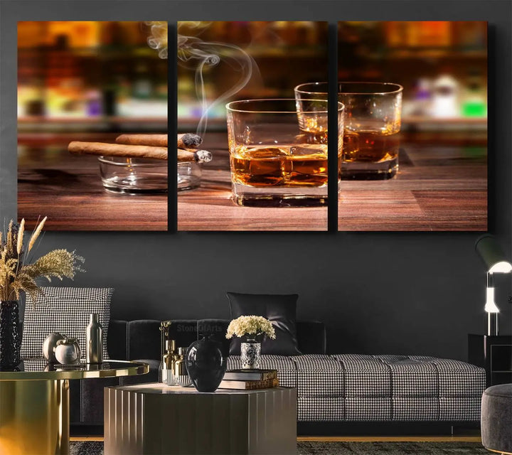 The wall art features the Whiskey Cuban Cigars Canvas Print.