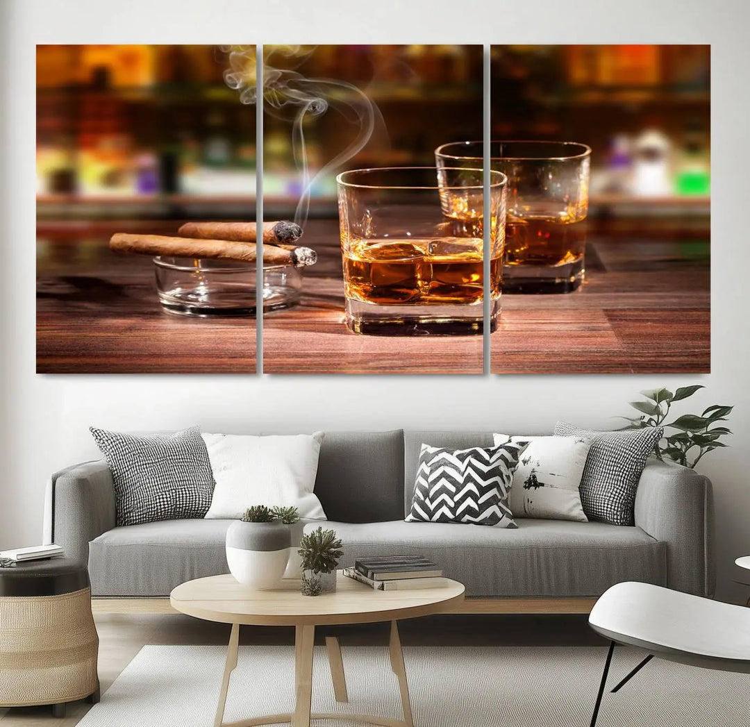 The wall art features the Whiskey Cuban Cigars Canvas Print.