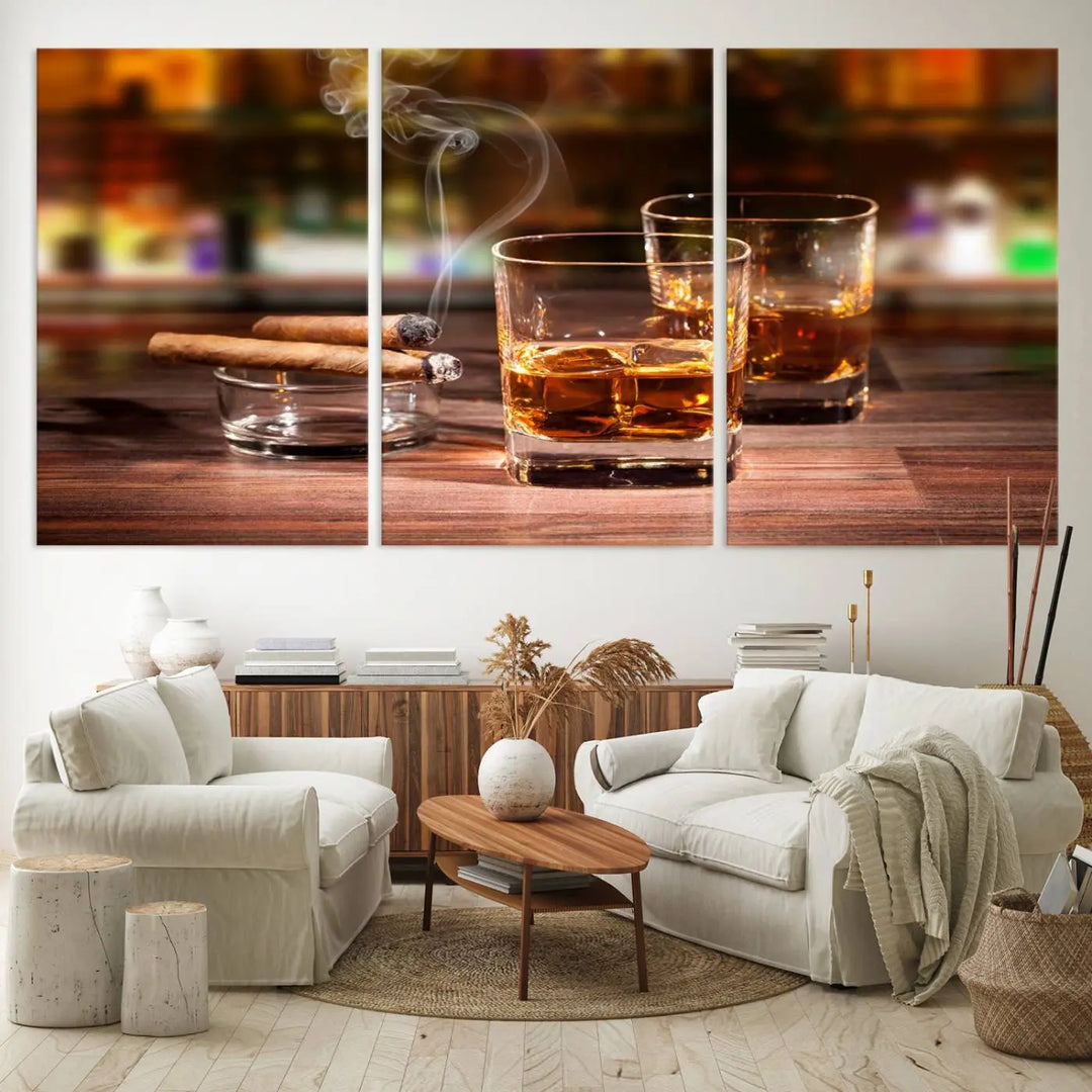 The wall art features the Whiskey Cuban Cigars Canvas Print.