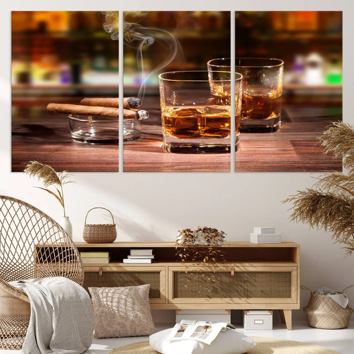 The wall art features the Whiskey Cuban Cigars Canvas Print.