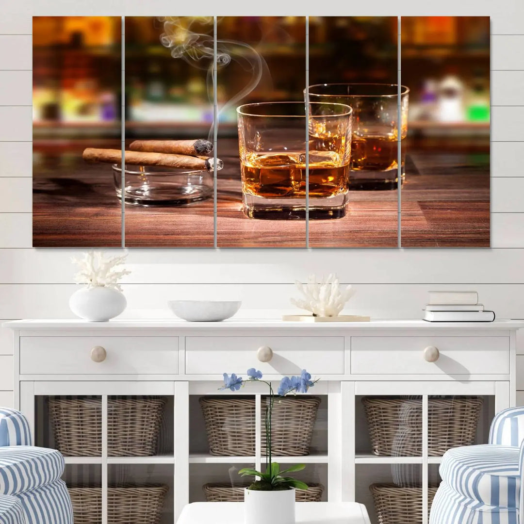 The wall art features the Whiskey Cuban Cigars Canvas Print.